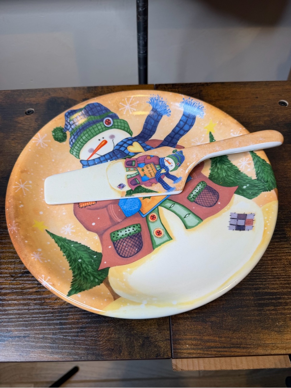 Vintage Festive Snowman Ceramic Serving Plate and Spreader - Neutral/Multicolor